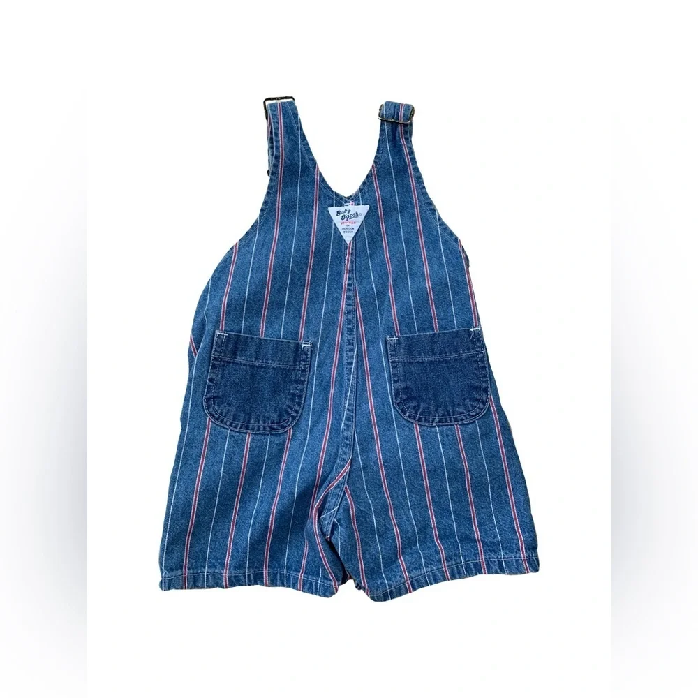 Vintage OshKosh Size 18 Months Racing Pinstripe Denim Shortalls Bib Overalls